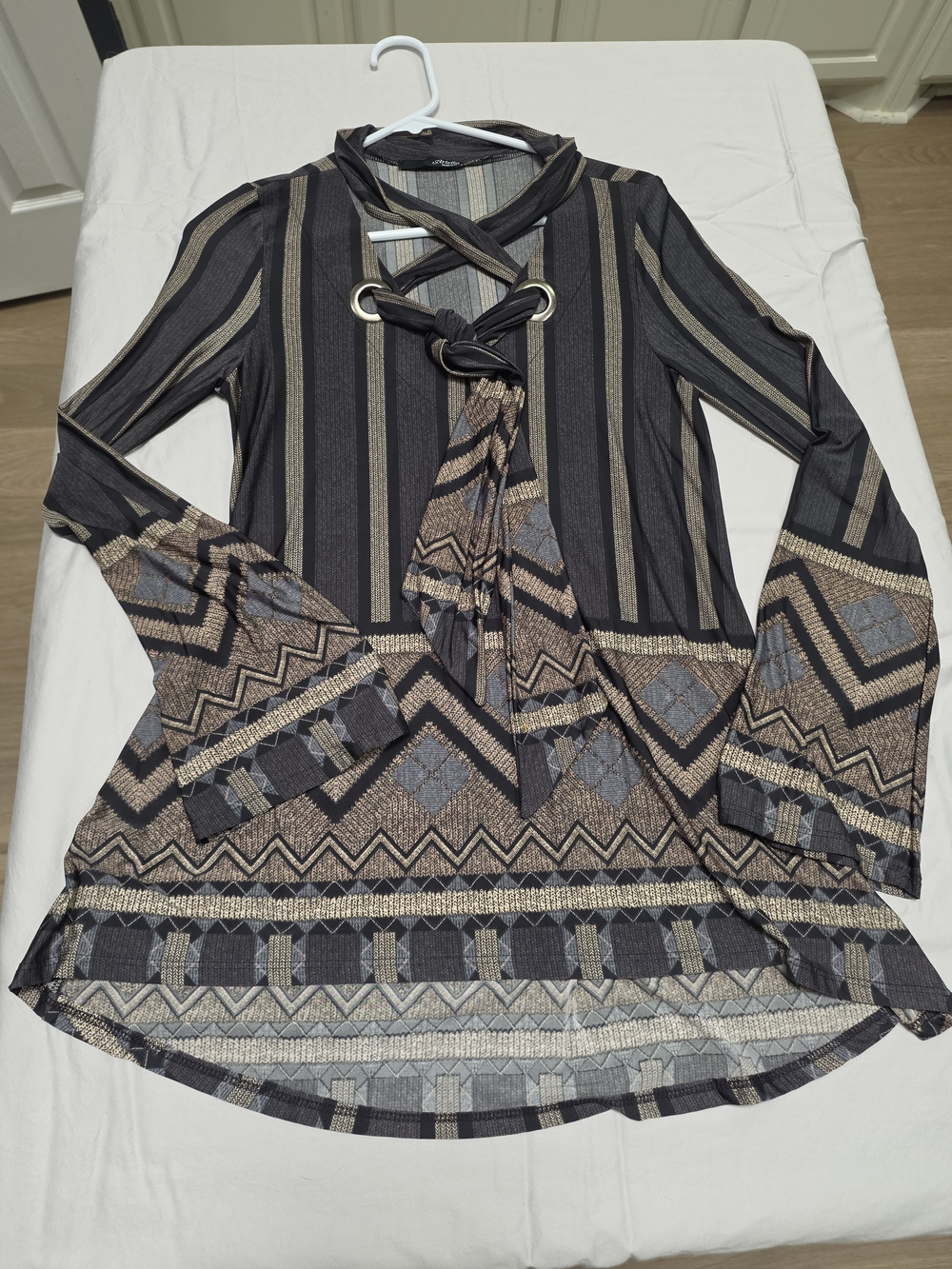 Boho Striped Tie-Neck Long Sleeve Top - Black & Beige